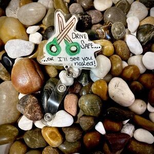 Cute Green Scissors Badge Reel - "Drive Safe"